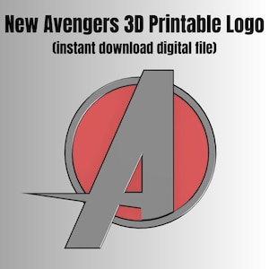 以下が含まれることがあります： グラデーションの背景に「New Avengers 3D Printable Logo (インスタントダウンロードデジタルファイル)」の文字が入った、グレーと赤のアベンジャーズのロゴ。ロゴは赤い円の中に様式化された「A」が特徴です。