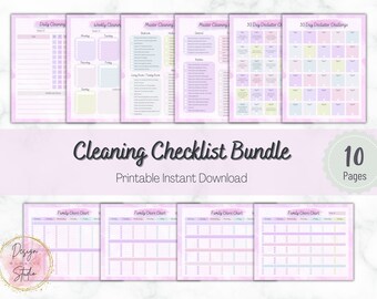 May include: A printable cleaning checklist bundle with 10 pages. The bundle includes daily, weekly, and master cleaning checklists, as well as a 30-day declutter challenge. The checklists are designed with a pink and purple watercolor background.