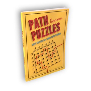 Może przedstawiać: Żółta książka zatytułowana "PATH PUZZLES" autorstwa Rodericka Kimballa. Okładka przedstawia czerwoną łamigłówkę ścieżkową z numerami na żółtym tle.