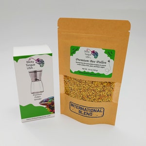 International Bundle - SAVE! - Sticky Tongue USA Grinder and 100% Pure Raw International Premium Bee Pollen. No Pesticides and No Fillers.