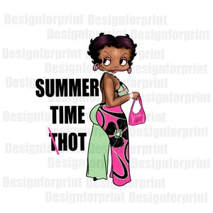 May include: A digital illustration of a cartoon woman with black hair and skin, wearing a pink and green outfit and holding a pink purse. The text "SUMMER TIME THOT" is written in black letters.