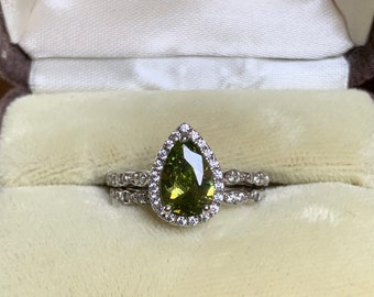 Sterling White Sapphire and Pear Peridot Wedding Set