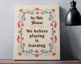 printing for homework Custom Homeschool Motto canvas sign, Scandinavian folk design; In This House, Canvas print for homework room, Family Quote