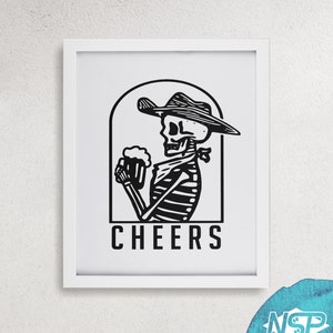 Cheers Cowboy Skeleton print, western gothic bar sign, beer sign for bar cart or kitchen decor, Instant Download