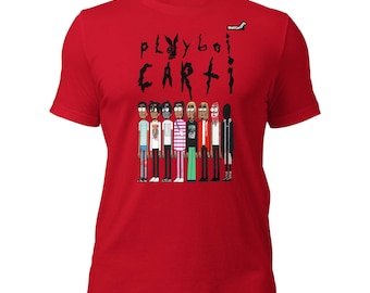 May include: A bright red short-sleeve t-shirt featuring a black graphic print of the text "playboi carti" with a rabbit logo and a row of eight illustrated cartoon characters in various colorful outfits standing side by side on the chest.