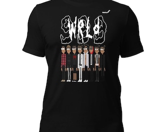 May include: A black short-sleeve t-shirt featuring the white text WRLD above a graphic illustration of eight cartoon figures standing in a row, each wearing different outfits including plaid shirts, jackets, and hoodies, with a small SNATCHOFFS logo.