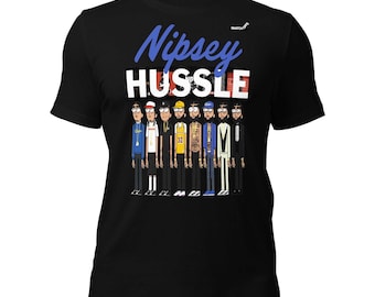 May include: A black short-sleeve t-shirt featuring the text Nipsey HUSSLE in blue and white lettering. Below the text is a graphic illustration of eight cartoon figures dressed in various outfits, including jerseys, suits, and casual wear.