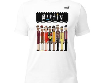 May include: A white short-sleeved t-shirt featuring a graphic print of nine cartoon characters standing in a row. Above the characters is a black rectangular banner with the white text MARTIN and a small logo in the top right corner.