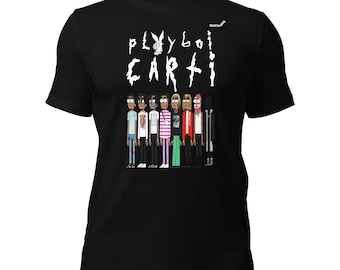 May include: A black short-sleeve t-shirt featuring the white text Playboi Carti with a rabbit logo. Below the text is a graphic illustration of eight cartoon figures standing in a row, each wearing different colorful outfits and hairstyles.