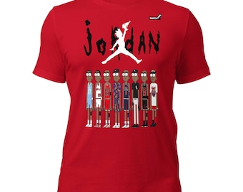 May include: A red short-sleeve t-shirt featuring a white graphic of a jumping figure holding a gun above the text JORDAN. Below this, eight cartoon characters are depicted wearing various basketball uniforms and casual athletic clothing.