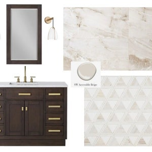 Puede incluir: Concepto de diseño de baño con un tocador marrón oscuro con herrajes dorados, un espejo grande y dos apliques. Incluye un azulejo con aspecto de mármol, un azulejo geométrico e impresiones artísticas abstractas. También se muestra un accesorio de ducha y accesorios.