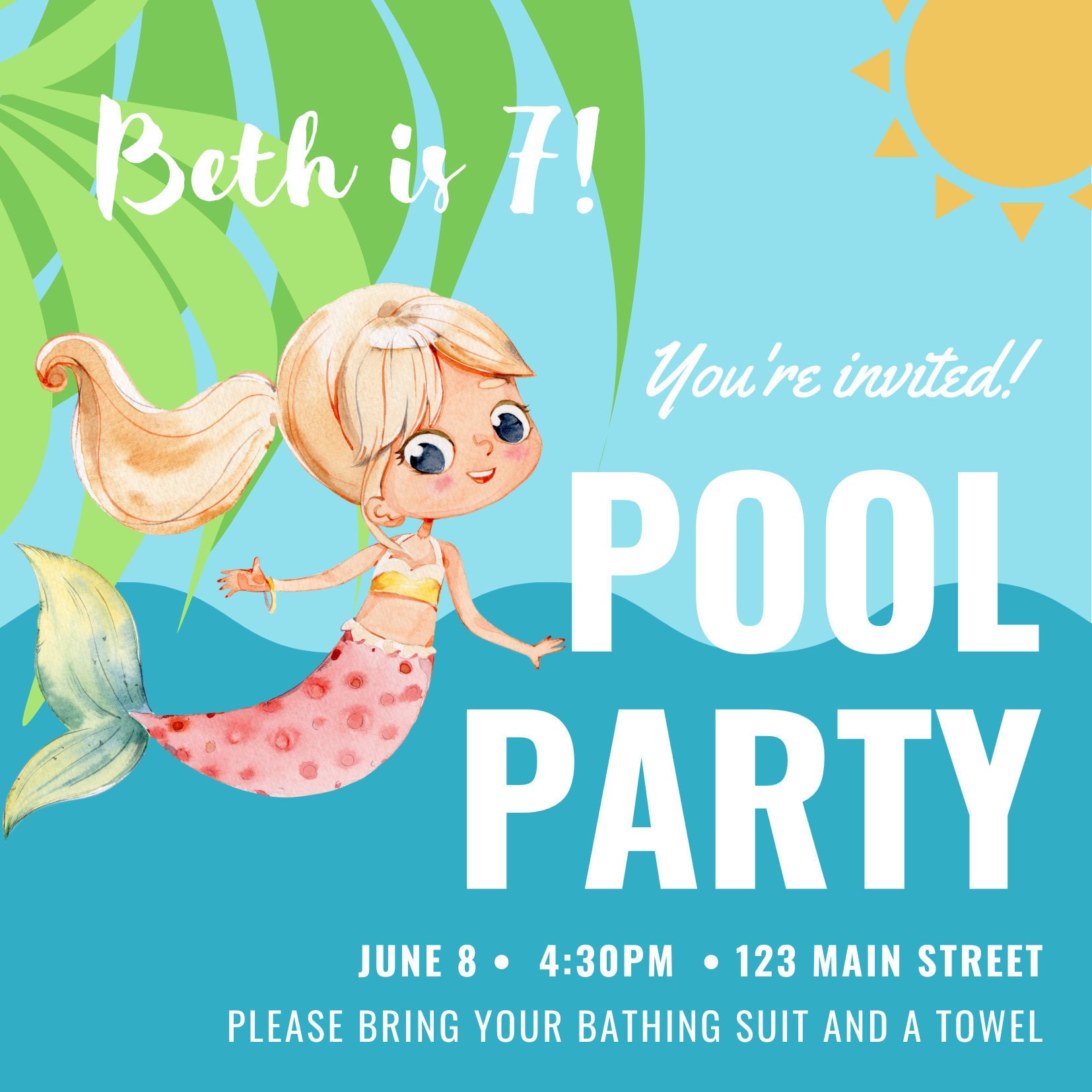 Mermaid Pool Party Birthday Invitation | Etsy