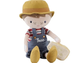 Kuschelpuppe Farmer Jim mit Huhn 35cm - Little Dutch Holländischer Puppe Junge mit Name Personalisiert