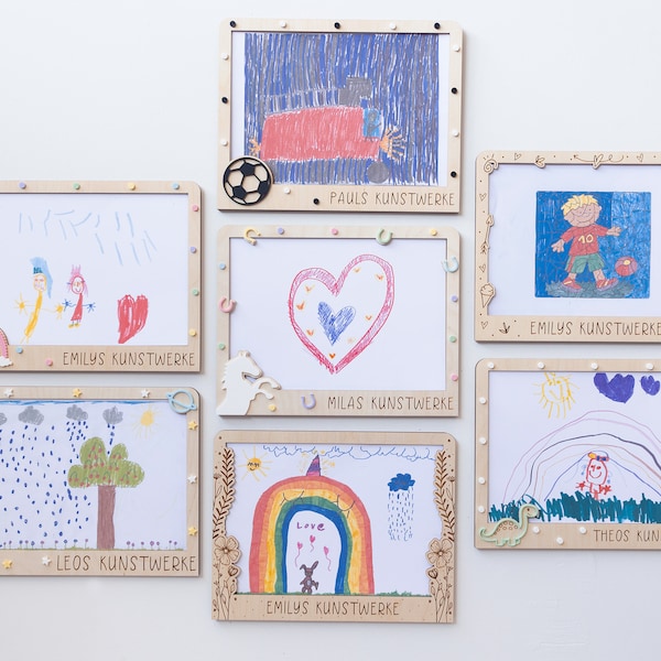 Kinder wechsel Bilderrahmen aus Holz für Kunstwerke, Malbilder A4 DIY Geburstag Weihnachten Geschenk Personalisiert Mit Name