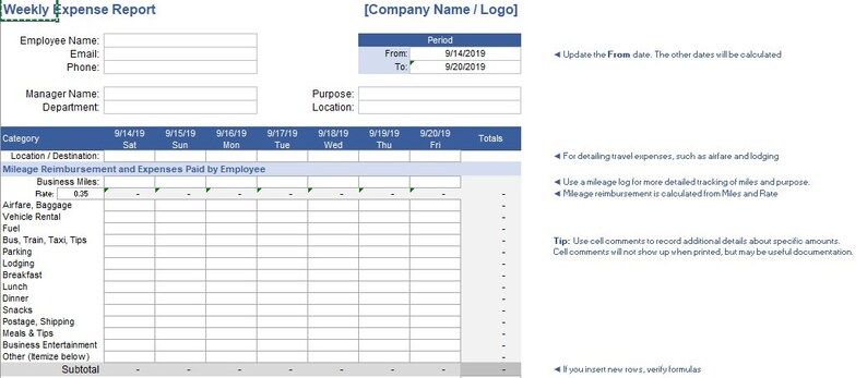 Weekly Expense Report Excel Template - Etsy