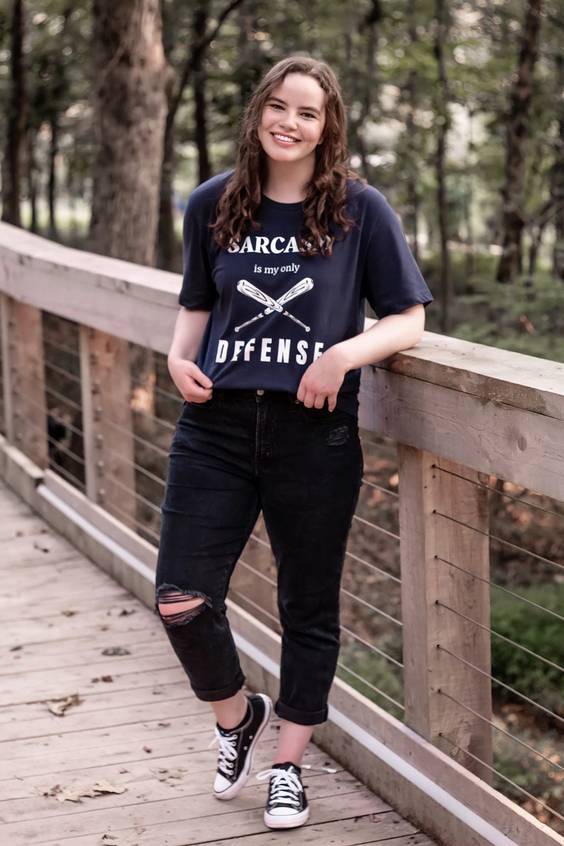 Teen Wolf tv show tshirt with the stiles stilinski, dylan obrien, quote, sarcasm is my only defense, with art of baseball bats, perfect merchandise or christmas gift for any teen wolf fan, gift for her