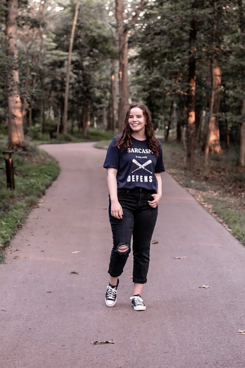 Teen Wolf tv show tshirt with the stiles stilinski, dylan obrien, quote, sarcasm is my only defense, with art of baseball bats, perfect merchandise or christmas gift for any teen wolf fan, gift for her