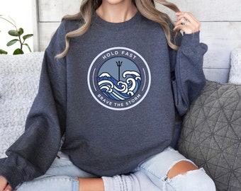 PJO Sweatshirt, “Hold Fast, Brave The Storm” Quote, Sally Jackson, Percy TV Show Merch, Poseidon Sea Art Crewneck, Gift For Friend
