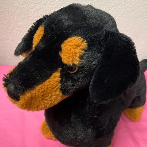 May include: Black and brown plush dachshund dog toy. The dog is sitting with its head turned to the side. The dog has a black nose and brown eyes.