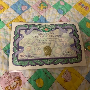 Certificato di nascita per bambini Cabbage Patch in inglese e francese per bambola CPK Girl