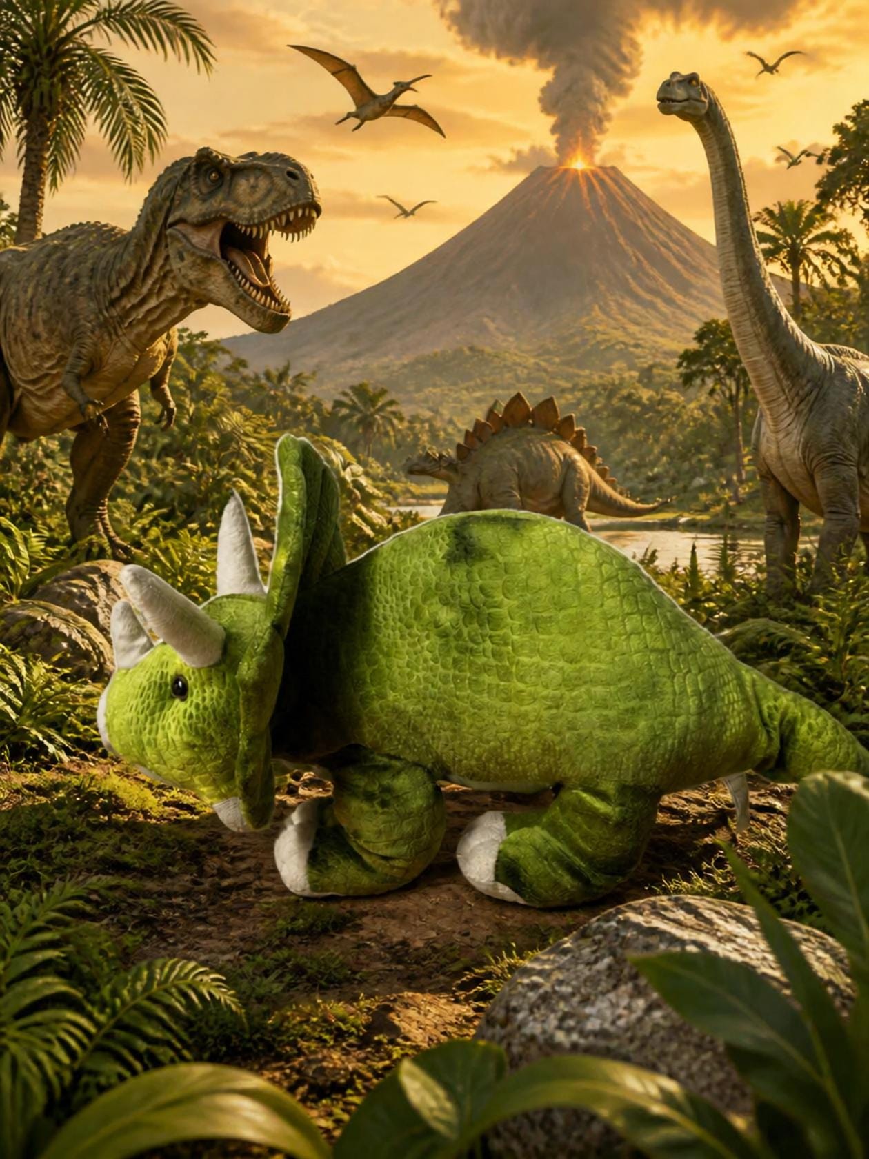 Tom's Toys Plush Triceratops: Green Stuffed Dinosaur Stuffed