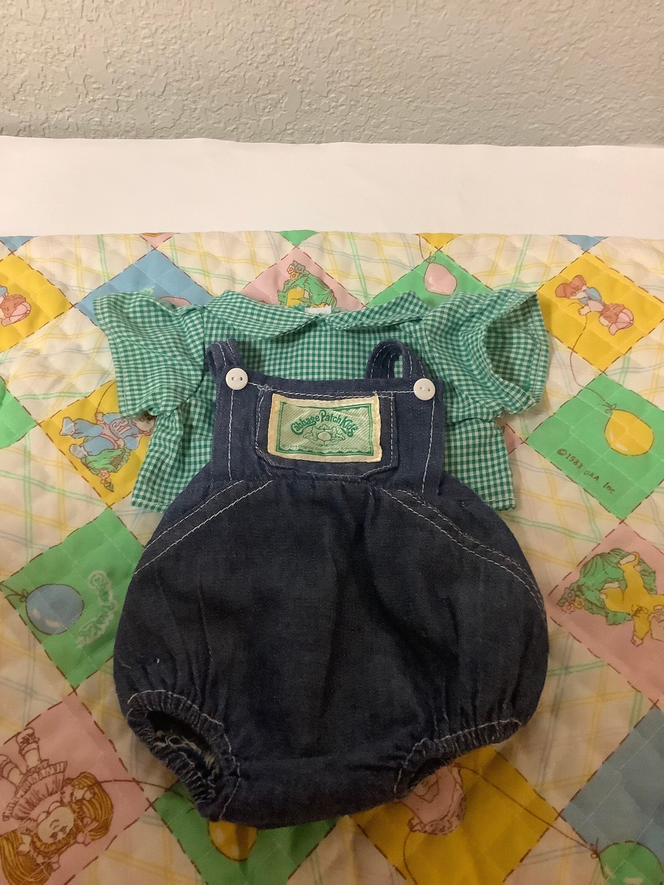 Vintage JESMAR Cabbage Patch Kid Doll Clothes: Gingham Shirt & Denim Romper