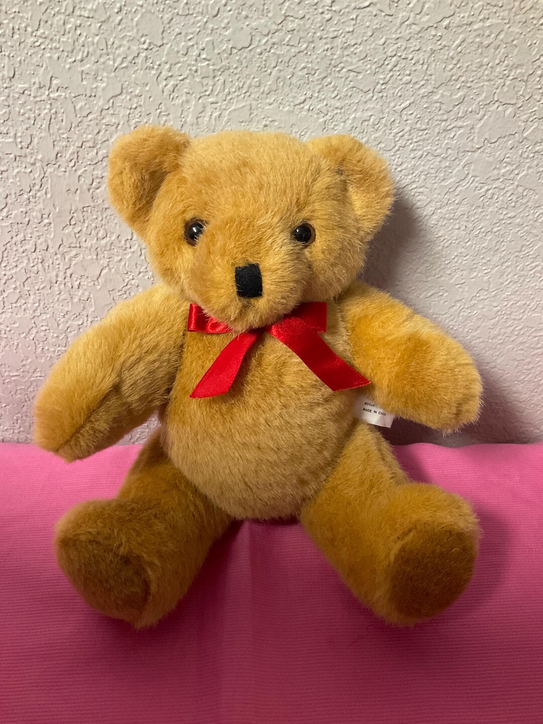 Vintage Brown Teddy Bear With Red Bow Posable Bendable Limbs Jointed ...