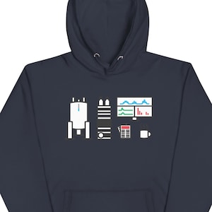 May include: A dark blue hoodie with a white graphic of a rocket, a server rack, a computer monitor with graphs, a calendar, and a coffee cup.