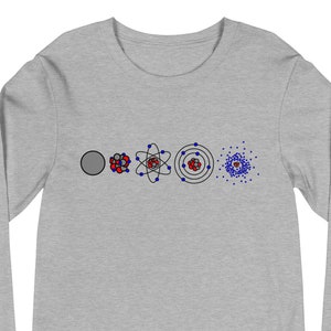 Peut inclure: Un t-shirt à manches longues gris avec un graphique représentant l'évolution d'un atome. Le graphique montre un point noir, un atome rouge et bleu, un atome rouge et bleu avec une couche électronique, un atome rouge et bleu avec deux couches électroniques et un atome rouge et bleu avec un nuage de points bleus autour de lui.