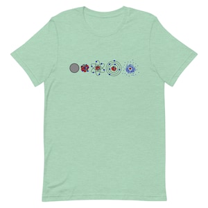 Könnte beinhalten: Ein hellgrünes T-Shirt mit einer Grafik zur Entwicklung eines Atoms. Die Grafik zeigt einen schwarzen Punkt, einen roten und schwarzen Kern mit umlaufenden Elektronen, ein komplexeres Atom mit mehreren Elektronenschalen und eine Wolke aus blauen Punkten.