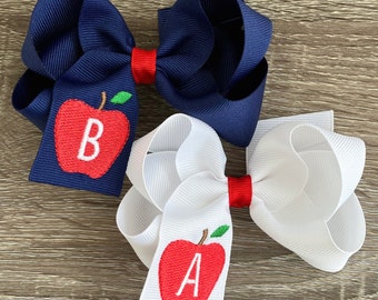 4 or 5" Apple Monogrammed Back to School Hair Bows, Embroidered boutique bows, Medium or Large Personalized hair bows, Customized Girls Bow