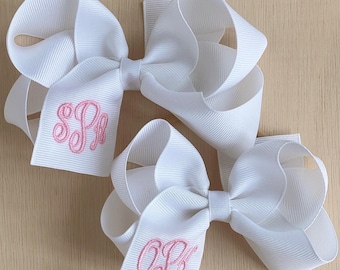 Personalized White Monogram Hair Bow, Embroidered Initials, Boutique Style (4 or 5 Inch)
