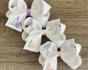 4 or 5" Single Letter Monogrammed Hair Bows, Custom Embroidered Bow, Easter bows for girls, birthday bows for toddlers, white boutique bows