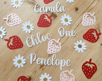 Strawberry birthday personalized confetti, oversized table scatter confetti, berry first birthday