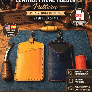 Crossbody Leather Cell Phone Holder Pattern PDF | 2 Patterns in 1 | Leathercraft Template | Phone Pouch Pattern | English & Spanish