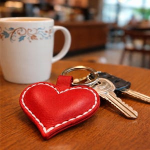 Puede incluir: Un llavero de cuero rojo en forma de corazón con costuras blancas, sujeto a un llavero con llaves. Una taza blanca con diseños florales está en el fondo, sobre una superficie de madera.