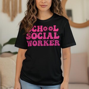 Groovy &quot;School Social Worker&quot; Pink T-Shirt Back to School Counselor Tee