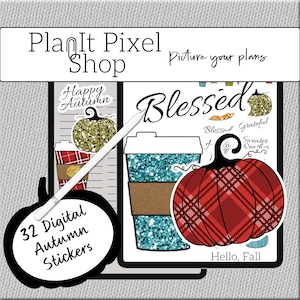 May include: A set of 32 digital autumn stickers featuring pumpkins, coffee cups, and fall-themed text. The stickers include phrases like "Happy Autumn", "Blessed", "Grateful", "Sweater Weather", and "Hello, Fall".