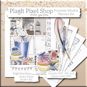 May include: A printable weekly planner kit with a whimsical fairy theme. The kit includes stickers featuring a blue and white cupcake, a blue and white drink with whipped cream, a pink and white cupcake, a blue fairy, a pink feather with a blue pen, and a cage with a bird. The text "PlanIt Pixel Shop" and "Pesky Pixies Sticker Kit" is included in the image. The kit includes PDF, JPG, and Cricut-ready PNG files.