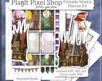 May include: A printable weekly planner sticker kit with a haunted house theme. The kit includes a variety of stickers featuring a spooky house, a full moon, and a mushroom. The text "PlanIt Pixel Shop" and "Haunted House Sticker Kit" is included in the image.