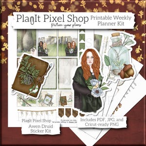 May include: A printable weekly planner kit with a green, brown, and white color scheme. The kit includes stickers featuring a woman with red hair, a book with a fern, a bottle with a fern, and acorns. The text "PlanIt Pixel Shop" and "Awen Druid Sticker Kit" is included in the image.