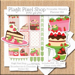 Printable Strawberries & Chocolate Planner Stickers, HP Big Weekly Summer Strawberry Basket Cake Pie Jam Gingham Print and Cut Sticker Kit
