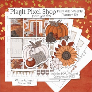 Autocollants imprimables d'agenda d'automne confortable, grand kit HP automne chaud, impression et découpe esthétiques de feuilles de citrouille d'automne, album de scrapbooking météo
