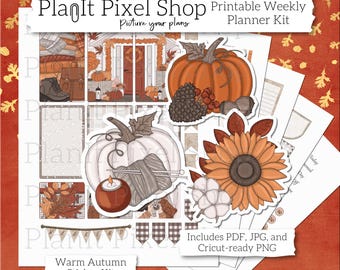 Könnte beinhalten: Ein druckbares wöchentliches Planer-Set mit einem warmen Herbstthema. Das Set enthält Aufkleber mit Bildern von Kürbissen, Sonnenblumen, Garn und einer Kerze. Der Text "PlanIt Pixel Shop" und "Warm Autumn Sticker Kit" ist im Bild enthalten.