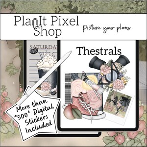 May include: A digital planner sticker pack featuring Thestrals, a mythical creature from the Harry Potter universe. The pack includes over 500 digital stickers, including a notebook, a cup of coffee, a pair of sneakers, and a peach.