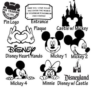 May include: Black and white illustrations of Mickey Mouse and Minnie Mouse in various poses, including Mickey Mouse making a heart shape with his hands, Mickey Mouse with a big smile, Mickey Mouse peeking from behind a wall, and Minnie Mouse peeking from behind a wall. The illustrations also include a black and white castle with Mickey Mouse's head on top, and a sign that reads "Here you leave today and enter the world of yesterday, tomorrow and fantasy."