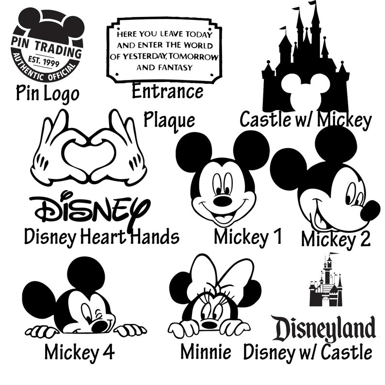 May include: Black and white illustrations of Mickey Mouse and Minnie Mouse in various poses, including Mickey Mouse making a heart shape with his hands, Mickey Mouse with a big smile, Mickey Mouse peeking from behind a wall, and Minnie Mouse peeking from behind a wall. The illustrations also include a black and white castle with Mickey Mouse's head on top, and a sign that reads "Here you leave today and enter the world of yesterday, tomorrow and fantasy."