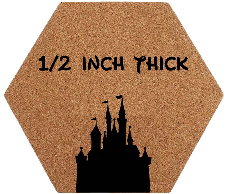 May include: A hexagonal cork board with a black silhouette of a castle and the text "1/2 INCH THICK".