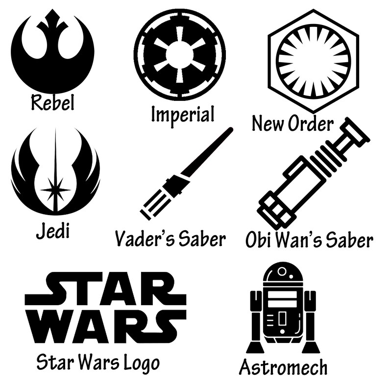 May include: Black and white illustrations of Star Wars characters and symbols, including the Rebel Alliance symbol, the Imperial symbol, the Jedi symbol, Darth Vader's lightsaber, Obi-Wan Kenobi's lightsaber, the Star Wars logo, and an astromech droid.