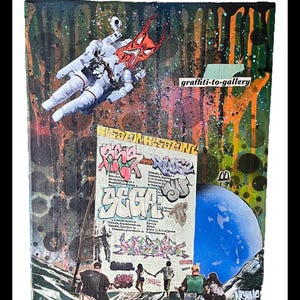 Original Hand Painted Graffiti Style Painting Acrylics, Spray Paint, & Collage on Canvas - by street artist NSANE on 14x11 canvas - Space